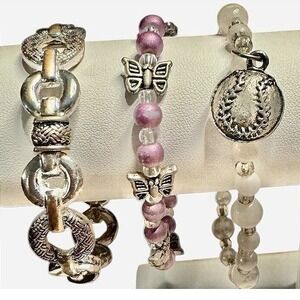 Handmade Beaded Charm Bracelets Set of 3 Silver‎ Tone Fashion Jewelry